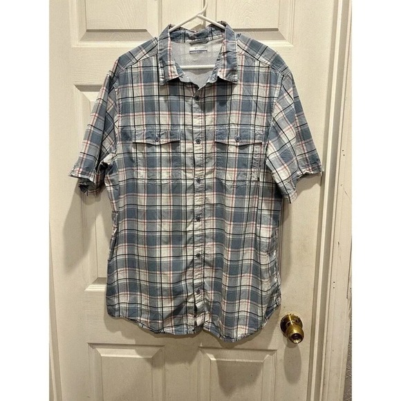 Columbia Shirt Mens XL Blue Green Plaid Short Sleeve Button Up Cotton Vented - Picture 1 of 7